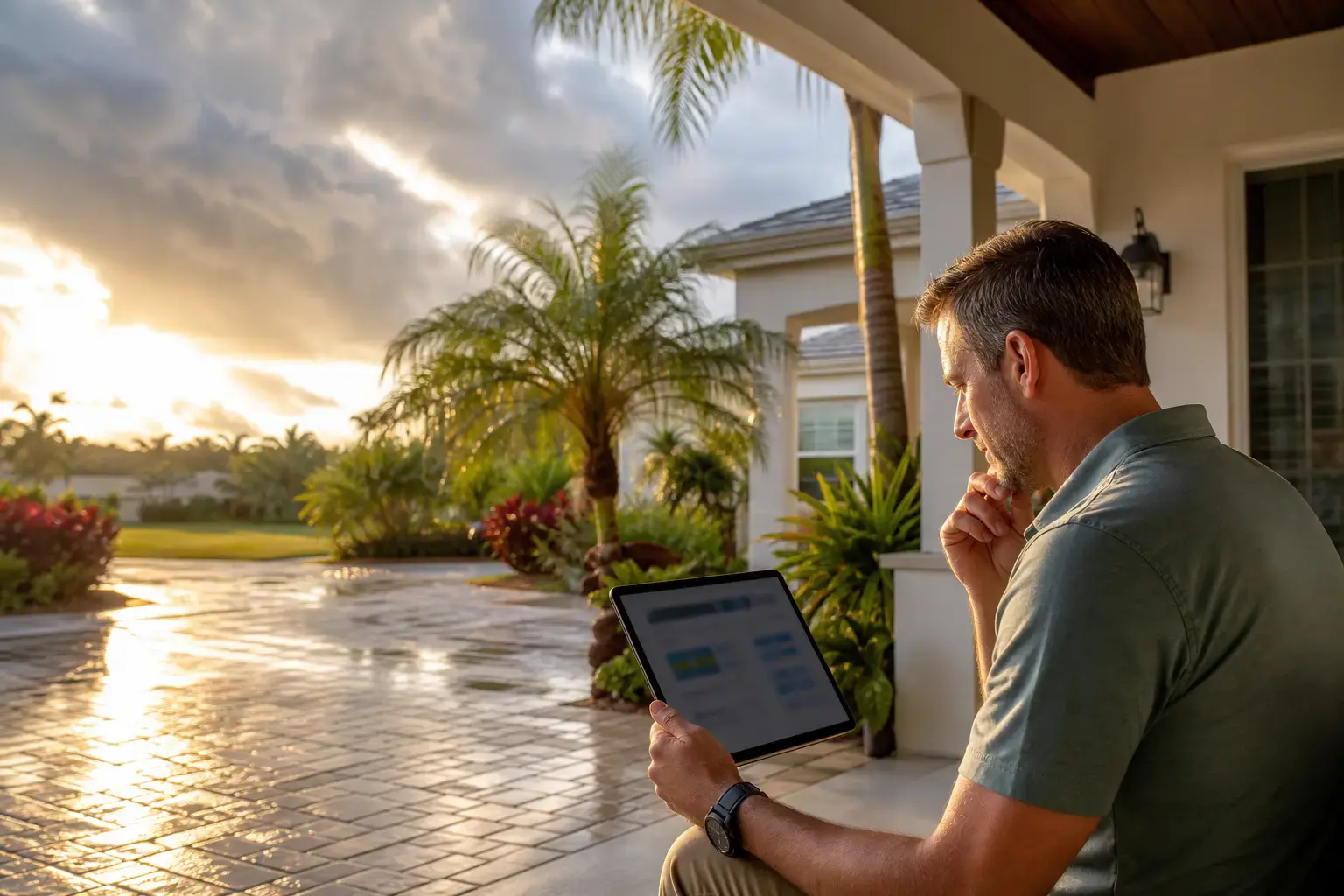 Florida homeowner reviewing digital quote options after storm clouds clear