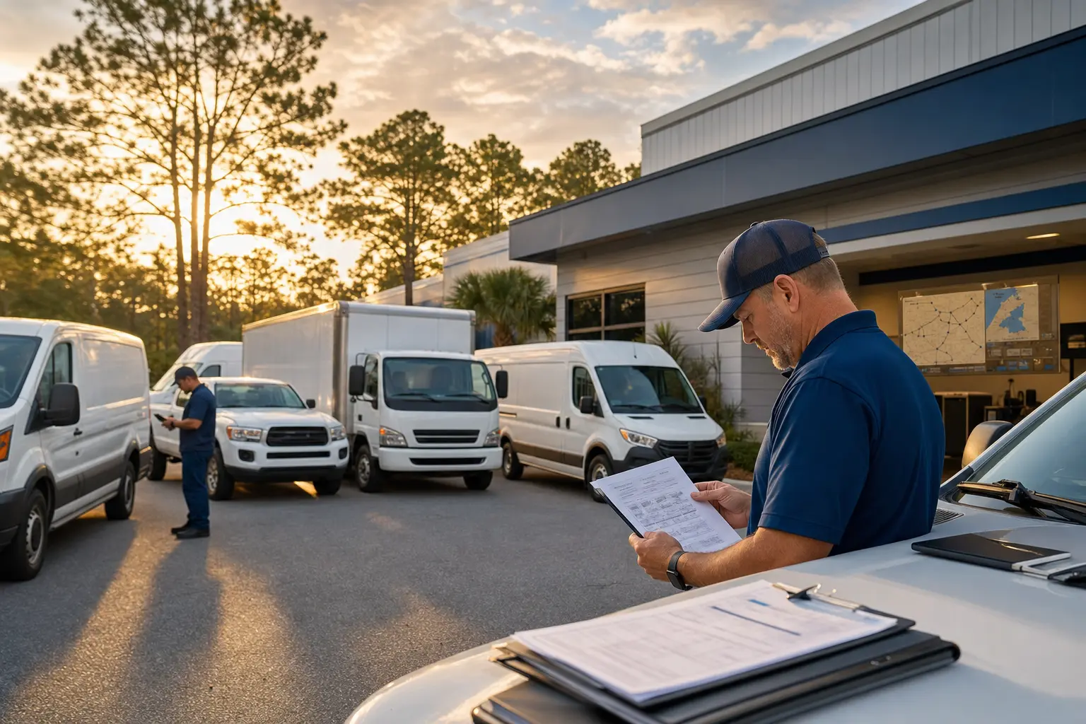 Florida commercial auto and fleet insurance report with business vehicles and renewal documents.