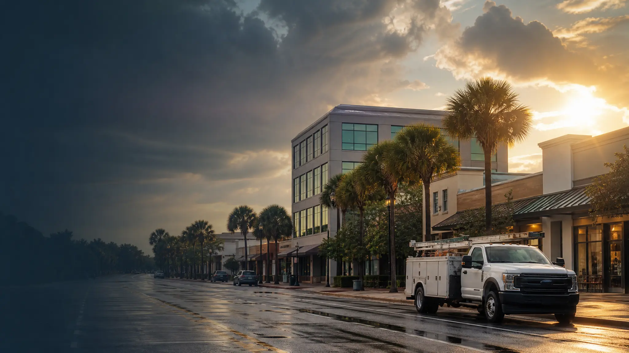 Florida commercial insurance market report with a Lake City business district backdrop.