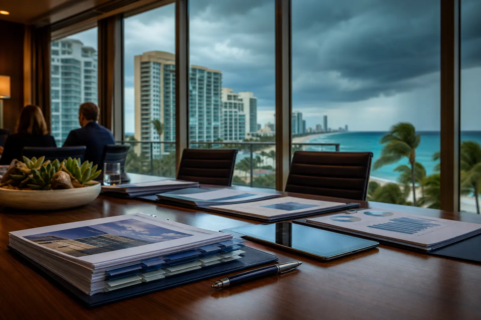 Florida condo association insurance report with coastal condominium buildings and board renewal documents.
