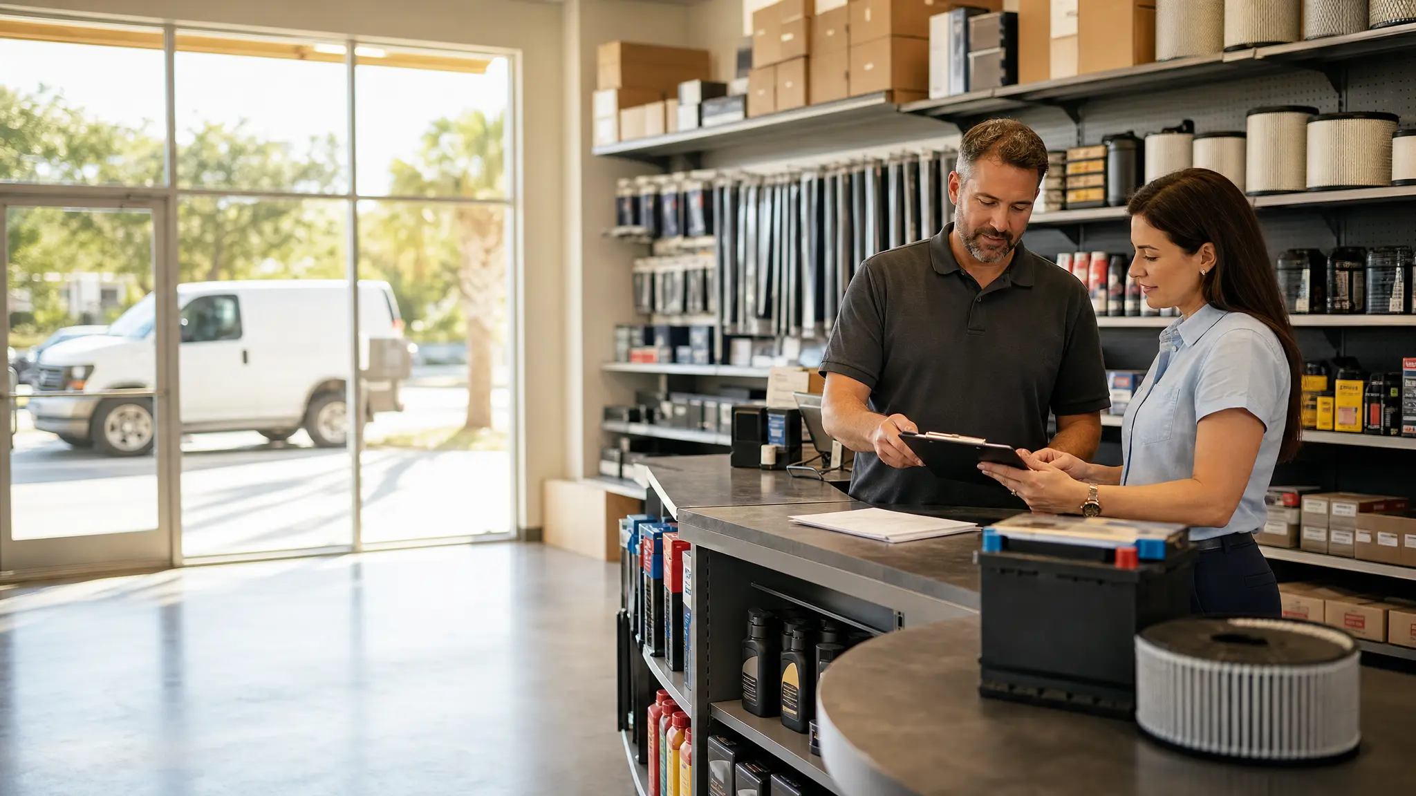 Florida auto parts store insurance review with retail shelves, delivery vehicle, and quote documents