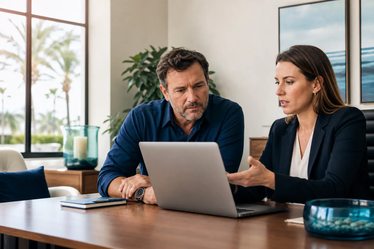 Florida business owner reviewing a commercial insurance renewal with an agent in a coastal office