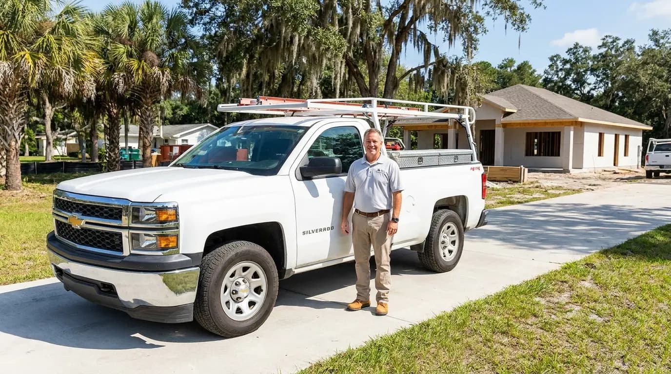 Florida contractor standing beside a work pickup truck at an Ocala job site