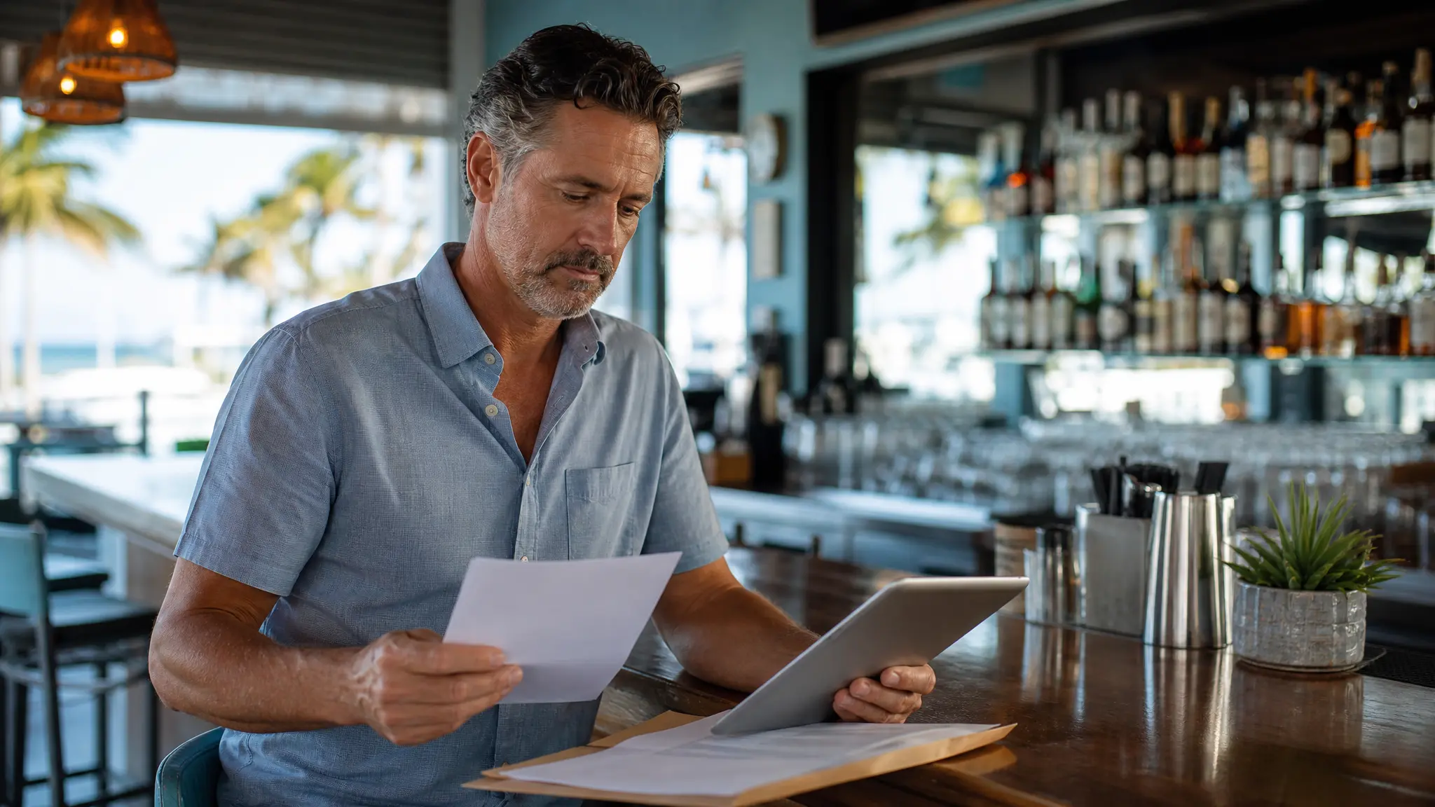 Florida bar owner reviewing insurance renewal paperwork at a restaurant counter with bottles blurred in the background