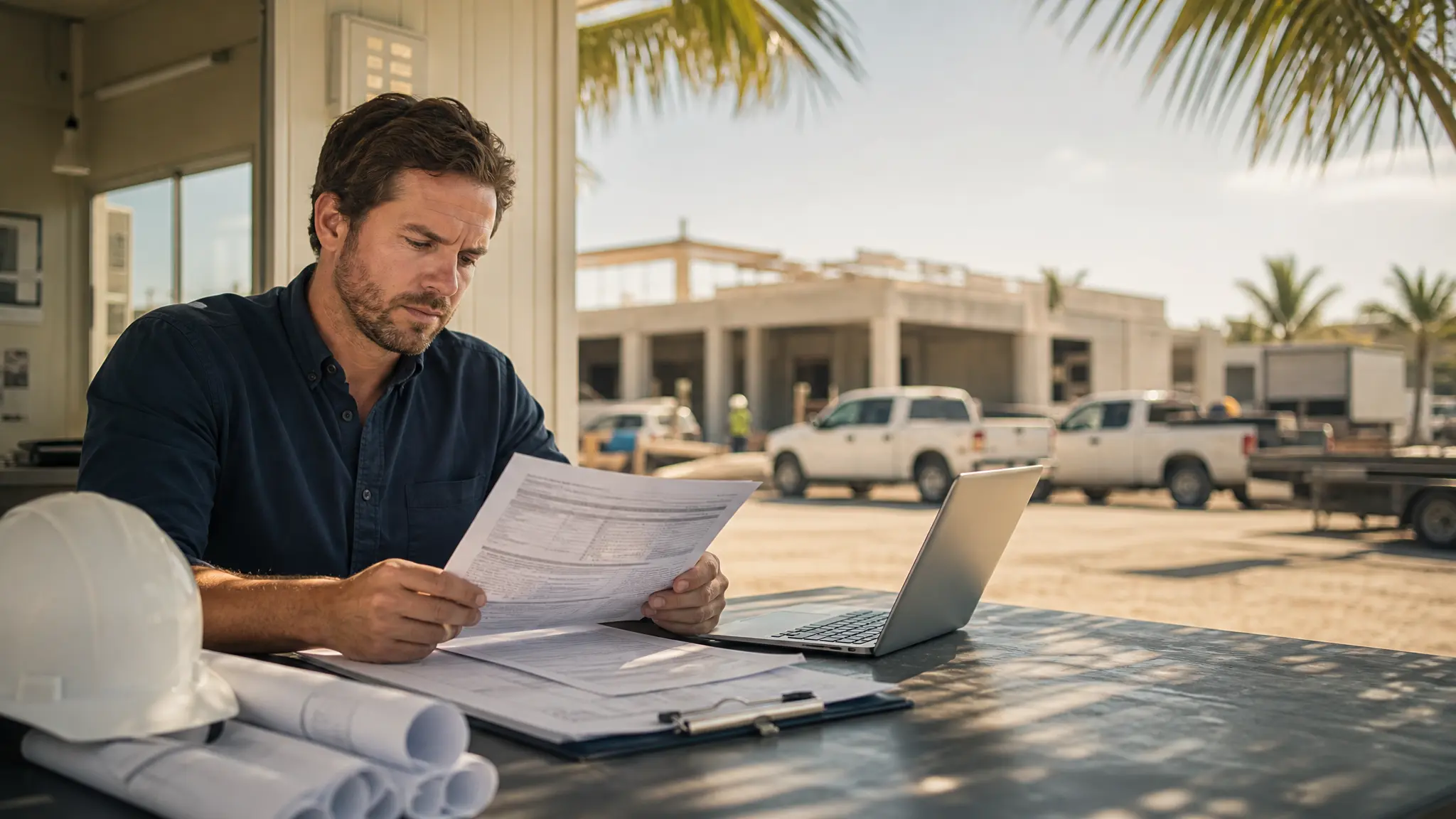 Florida contractor reviewing certificate of insurance paperwork at a construction site