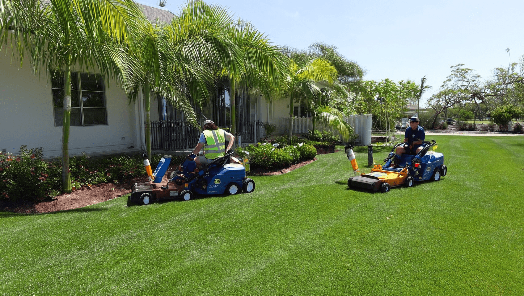 Landscaping crew working on a commercial property in Tampa FL with equipment and mowers