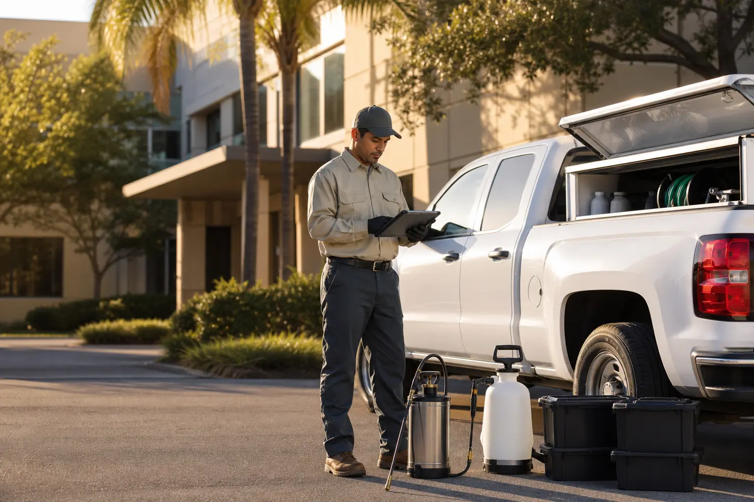 Florida pest control technician reviewing insurance details beside a clean service truck and treatment equipment