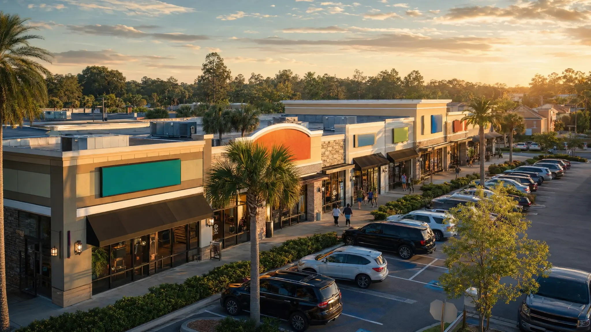 Florida strip mall retail center with storefronts, parking lot, palm trees, and evening light