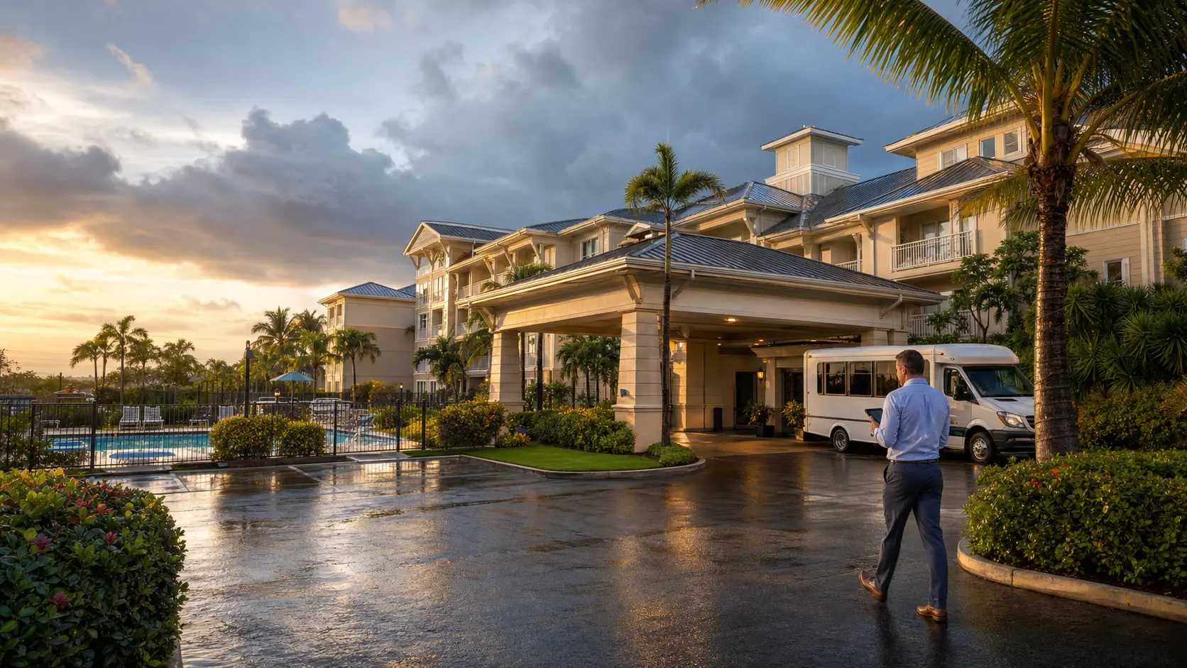 Florida hotel manager inspecting a resort property, pool, roofs, and shuttle after a summer rain