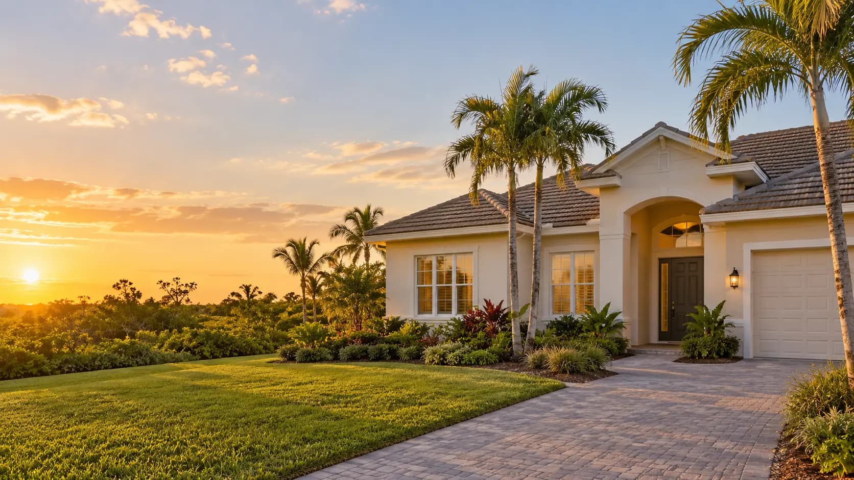 Florida home framed by native coastal landscaping in warm evening light
