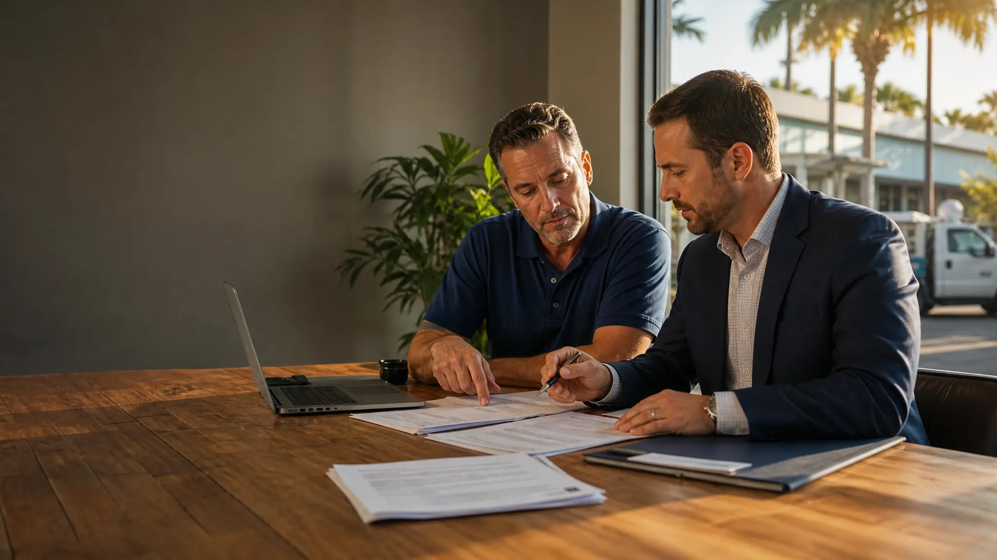Florida business owner reviewing commercial umbrella insurance contract requirements with an insurance agent