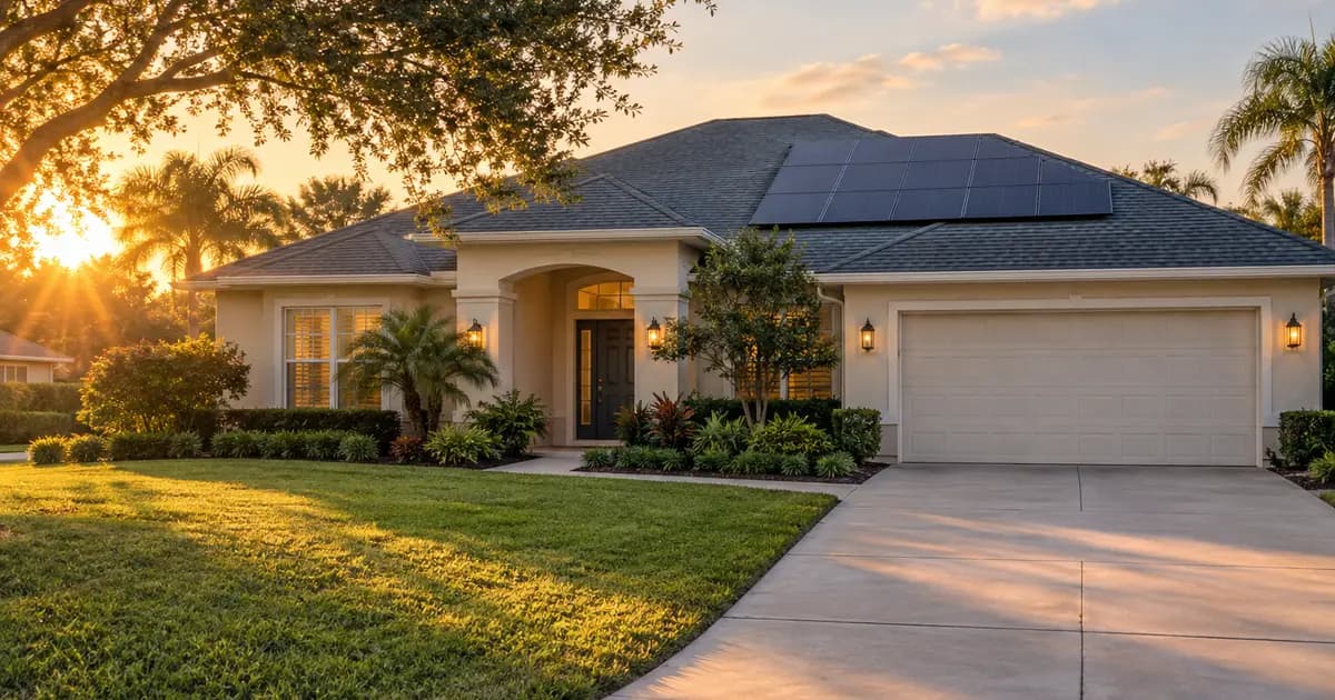 Florida stucco home with rooftop solar panels in warm evening light