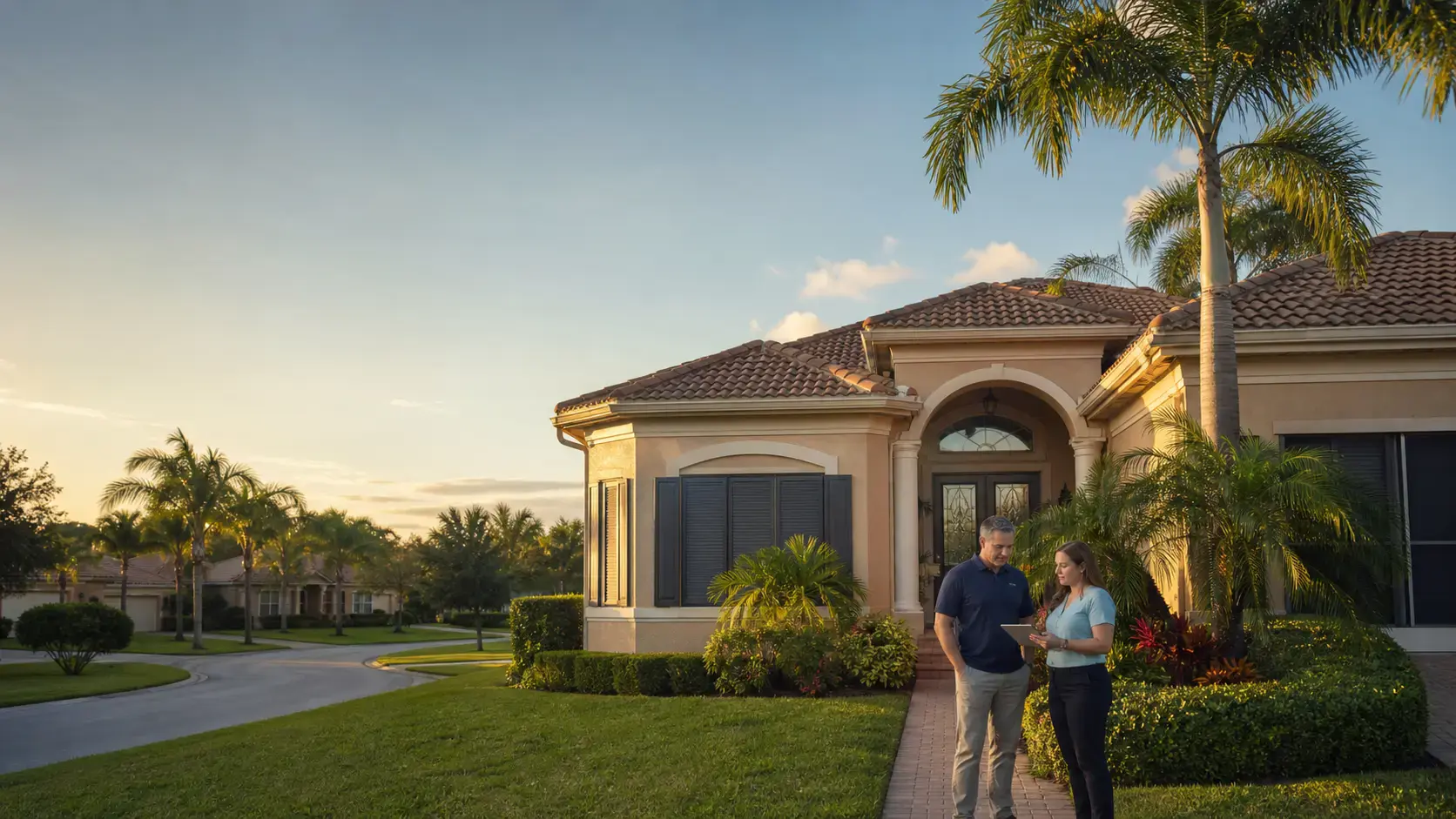 Florida homeowner and insurance agent reviewing a renewal beside a well-maintained home at golden hour